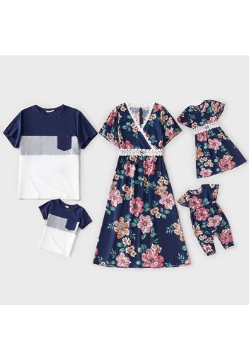 Family Matching Floral Print V Neck Midi Dresses and Colorblock Short-sleeve T-shirts Sets