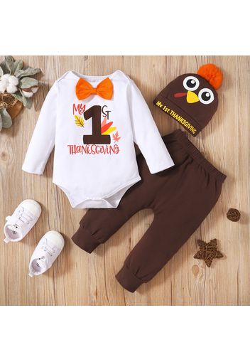 Baby 3pcs Thanksgiving Day Letter Print Bow Tie Long-sleeve Romper Set