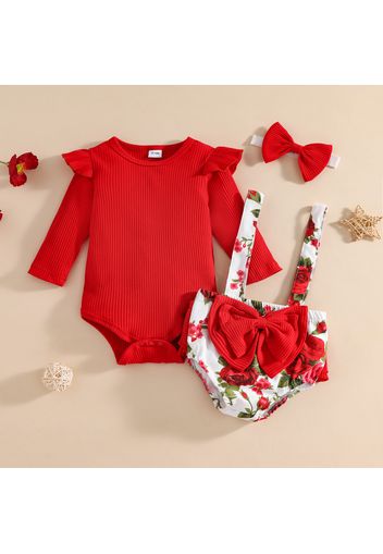 3pcs Baby Girl Red Ribbed Long-sleeve Romper and Floral Print Bowknot Suspender Shorts Set