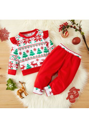 Christmas 2pcs Baby Girl All Over Print Red Long-sleeve Top and Trousers Set