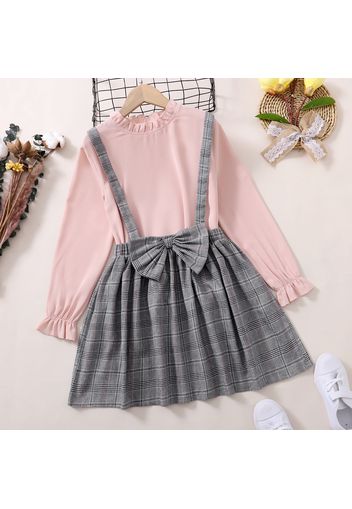 2-piece Kid Girl Polka dots Ruffle Collar Long-sleeve Top and Bowknot Design Suspender Skirt Set