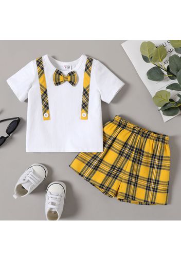 2pcs Baby Boy 95% Cotton Short-sleeve Bow Tie T-shirt and Plaid Shorts Set