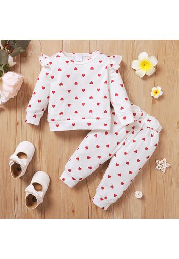 2pcs Baby Girl Allover Love Heart Print White Ribbed Ruffle Long-sleeve Top and Bowknot Pants Set