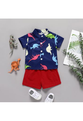 2pcs Baby Boy All Over Dinosaur Print Short-sleeve Shirt and 100% Cotton Shorts Set