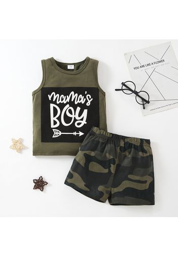 Mother's Day 2pcs Toddler Boy Letter Print Tank Top & Camouflage Print Shorts Set