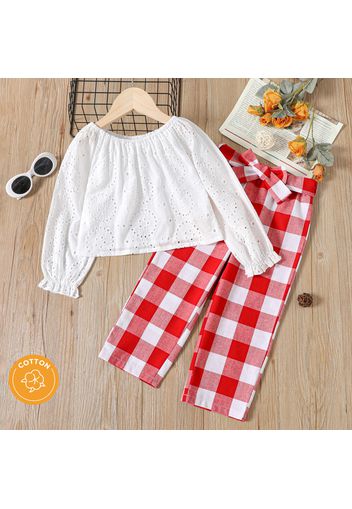 2pcs Toddler Girl 100% Cotton Schiffy Design Hollow out Long-sleeve White Blouse and Belted Plaid Pants Set