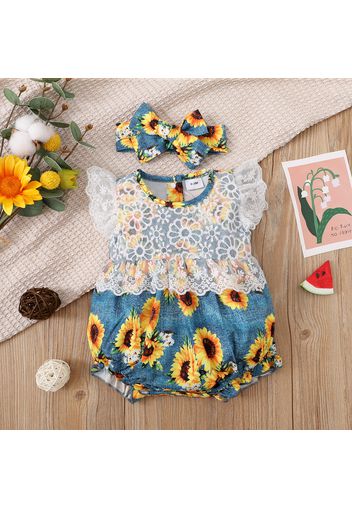 2pcs Baby Girl Allover Sunflower Floral Print Lace Flutter-sleeve Romper with Headband Set