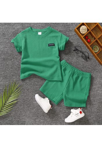 2pcs Toddler Boy Casual Solid Color Waffle Tee and Elasticized Shorts Set