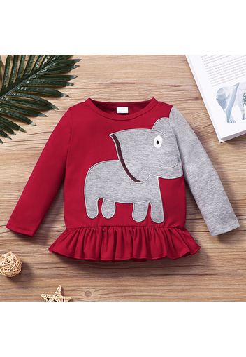 Toddler Girl Elephant Print Ruffle Hem Long-sleeve Tee