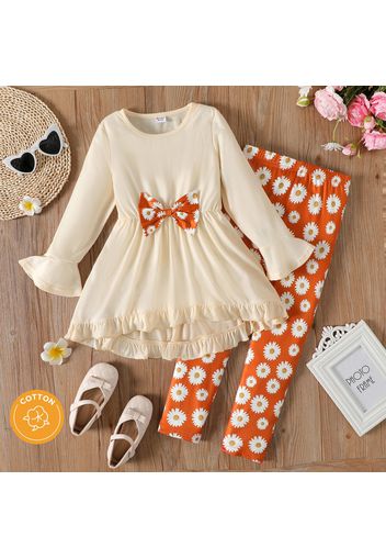 2pcs Kid Girl Bowknot Design Ruffled High Low Tee (100% Cotton) and Floral Print Leggings Set