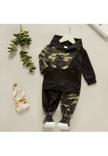 2-piece Toddler Boy 100% Cotton Camouflage Print Colorblock Hoodie and Pants Set