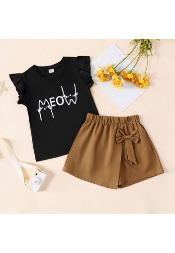 2-piece Kid Girl Letter Print Flutter-sleeve Black Tee and Bowknot Design Brown Shorts Set