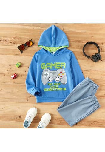 2-piece Kid Boy Letter Game Console Print Colorblock Hoodie Sweatshirt and Blue Pants Set