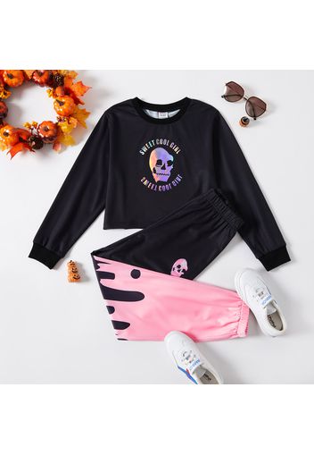 2-piece Kid Girl Halloween Laser Letter Skeleton Print Pullover and Colorblock Pants Set