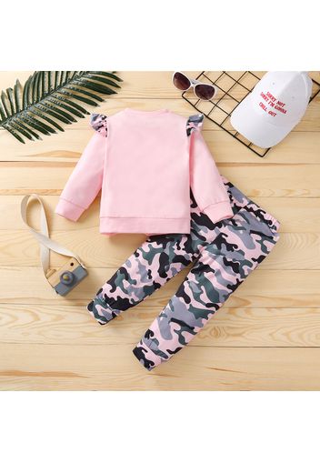 2-piece Toddler Girl Ruffle Letter Print Long-sleeve Tee and Camouflage Print Pants Set