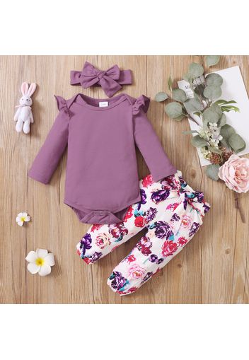 3pcs Floral Print Ruffle Decor Long-sleeve Crimson Baby Set