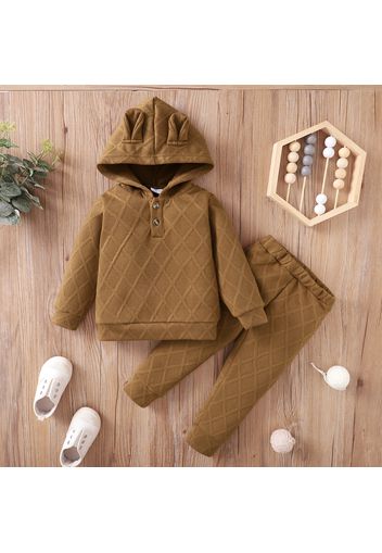 2-piece Toddler Girl Textured Button Design Hoodie Sweatshirt and Solid Color Pants Set