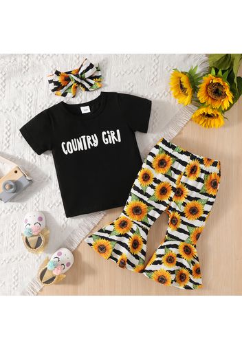 3pcs Baby Girl Letter Print Short-sleeve Tee and Allover Sunflowers Striped Flared Pants with Headband Set