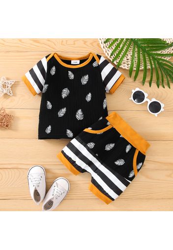 2pcs Baby Boy 95% Cotton Short-sleeve Contrast Binding Allover Feather Print Striped Spliced T-shirt and Shorts Set