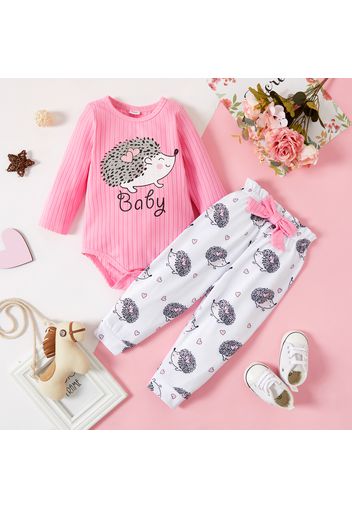 2pcs Baby Girl Cartoon Hedgehog and Letter Print Pink Ribbed Long-sleeve Romper with Trousers Set