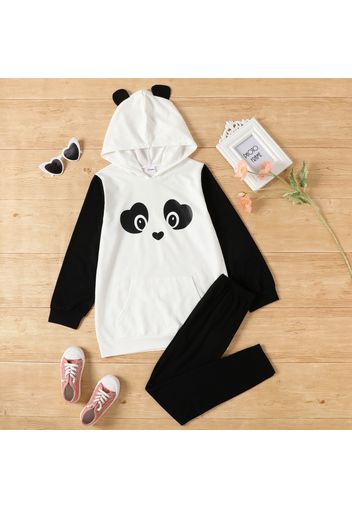 2-piece Kid Girl Vivid Animal Print Ear Decor Colorblock Hoodie and Solid Leggings Set