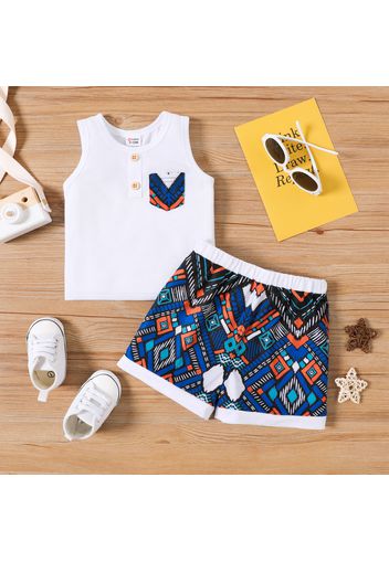 2pcs Baby Boy Button Front Tank Top and Boho Print Shorts Set