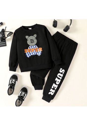 2pcs Kid Boy Letter Bear Print Rhinestone Design Black Pullover Sweatshirt and Pants Set