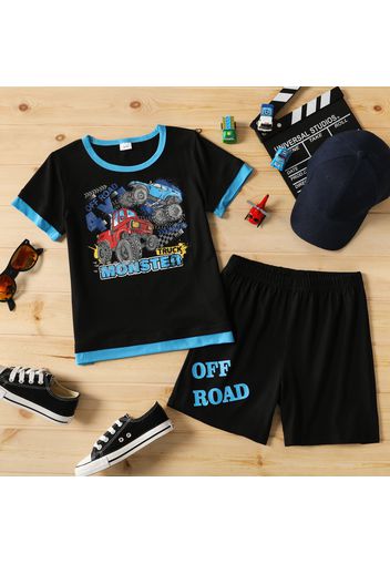 2-piece Kid Boy Vehicle Letter Print Short-sleeve Tee and Elasticized Shorts Set