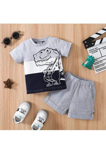 2pcs Baby Boy 100% Cotton Pinstriped Shorts and Dinosaur Print Colorblock Short-sleeve T-shirt Set