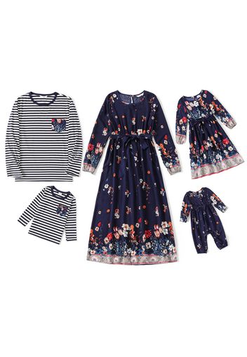 Family Matching All Over Floral Print Dark Blue Long-sleeve Dresses and Striped T-shirts Sets