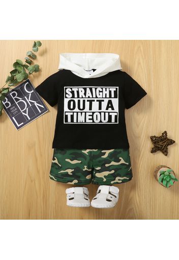 2pcs Baby Boy 95% Cotton Short-sleeve Letter Print Contrast Hooded Tee and Camouflage Shorts Set