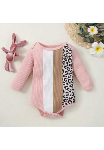 Baby Boy/Girl Leopard Colorblock Splicing Ribbed Long-sleeve Romper