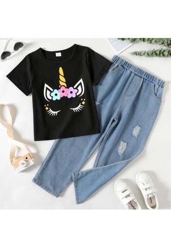 2-piece Kid Girl Unicorn Print Short-sleeve Tee and Straight Ripped Denim Jeans Set