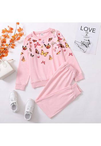 2-piece Kid Girl Butterfly Print Pullover Sweatshirt and Pink Pants Set