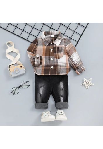 2pcs Baby Boy Long-sleeve Button Up Plaid Shirt and Ripped Jeans Set