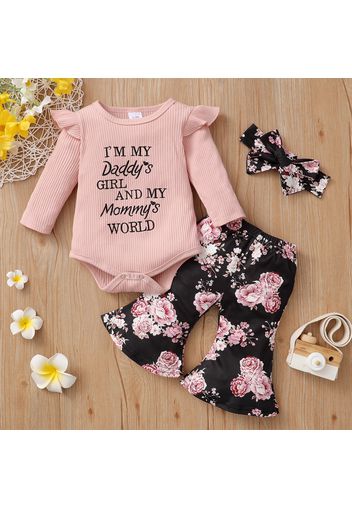 3pcs Baby Letter Embroidered Ribbed Long-sleeve Romper and Sunflower Floral Print Bell Bottom Pants Set