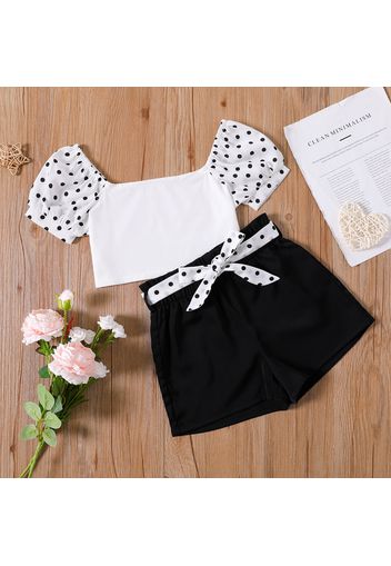 2-piece Kid Girl Polka dots Square Neck Puff-sleeve Blouse and Belted Black Shorts Set