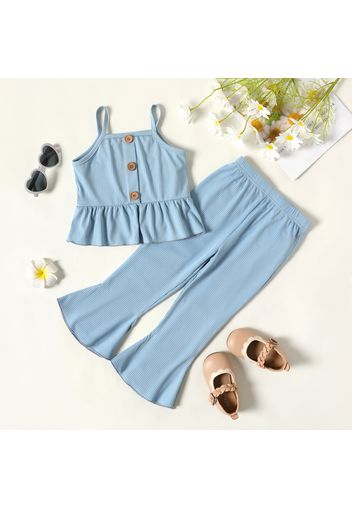 2-piece Toddler Girl Button Design Ruffle Camisole and Elasticized Ribbed Flared Pants Set