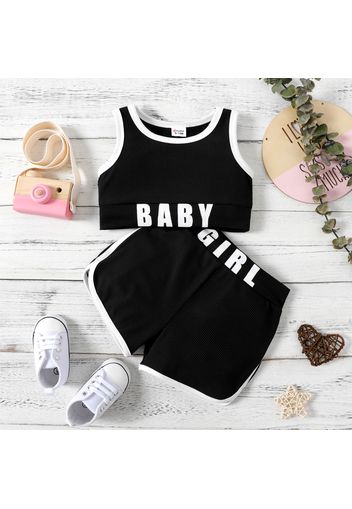 2pcs Baby Girl Letter Print Ribbed Sleeveless Tank Crop Top and Shorts Set