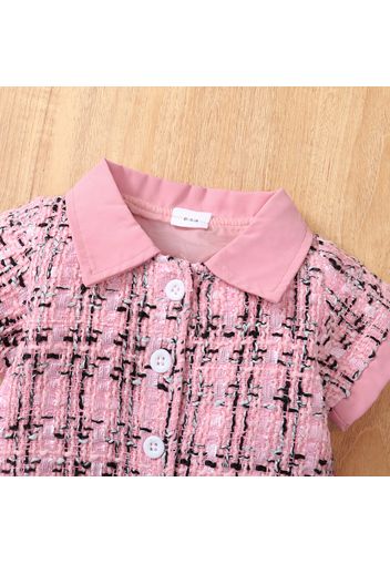 2pcs Baby Girl Pink Tweed Button Front Short-sleeve Top and Layered Skirt Set