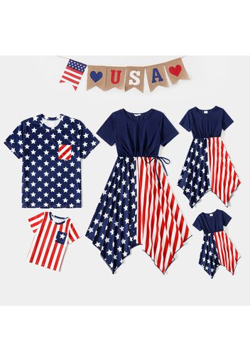 Family Matching Short-sleeve Stars and Stripes Print Irregular Hem Dresses and T-shirts Sets