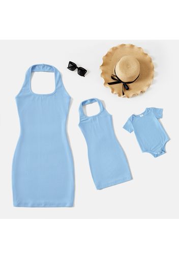 Blue Rib Knit Halter Backless Sleeveless Bodycon Dress for Mom and Me