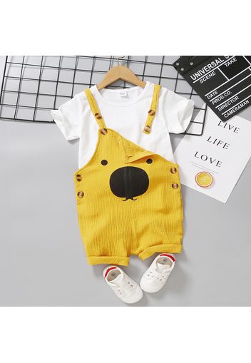 2pcs Toddler Boy Casual White Tee and Bear Print Overalls Set