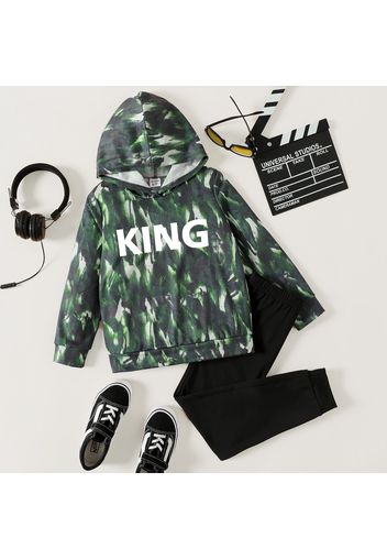 2pcs Kid Boy Letter Allover Print Hooded Sweatshirt and Black Elasticized Pants Set