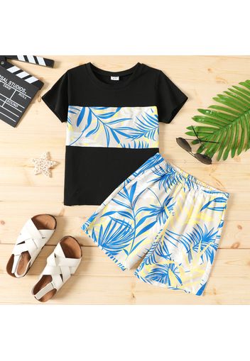 2-piece Kid Boy Vacation Floral Leaf Print Short-sleeve Tee and Elasticized Shorts Set