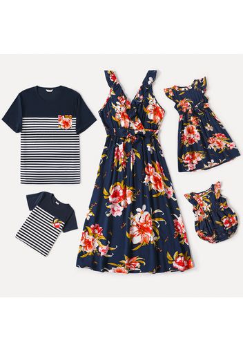 Family Matching Floral Print V Neck Ruffle Sleeveless Dresses and Striped Splicing Short-sleeve T-shirts Sets