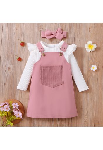 2-piece Toddler Girl Long-sleeve White Tee and Button Design Overall Dress Set