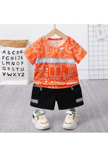 2pcs Toddler Boy Trendy Allover Print Tee and Pocket Design Cargo Shorts Set