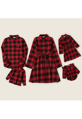 Red and Black Plaid Print Family Matching Sets（Lapel Long-sleeve Belted Dresses and Shirts）