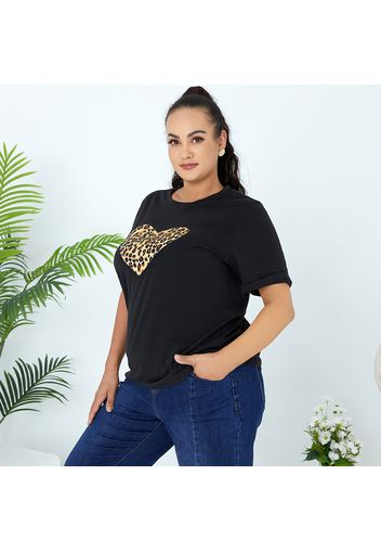 Women Plus Size Casual Leopard Heart Print Round-collar Short-sleeve Tee